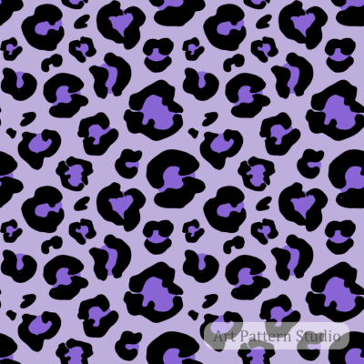 Bold lavender leopard print seamless pattern with black and violet organic spots for fashion, textiles and wallpaper.