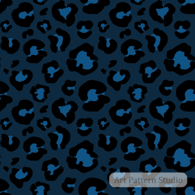 Bold navy blue leopard print seamless pattern with black and cobalt organic spots for fashion, textiles and wallpaper.