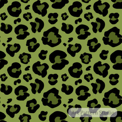 Bold olive green leopard print seamless pattern with black and deep olive organic spots for fashion, textiles and wallpaper.