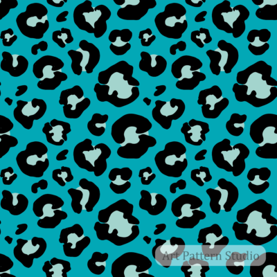 Bold turquoise leopard print seamless pattern with black and pale aqua organic spots for fashion, textiles and wallpaper.