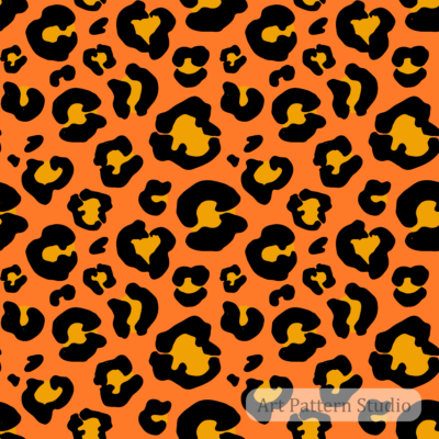 Bold vivid orange leopard print seamless pattern with black and golden organic spots for fashion, textiles and wallpaper.