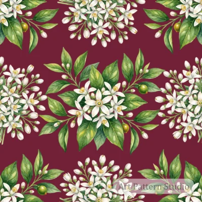 Burgundy orange blossom botanical illustration seamless pattern with white citrus flowers and green leaves
