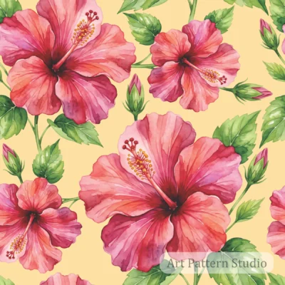 Buttercream Yellow pink hibiscus watercolor illustration seamless pattern with tropical flowers and green leaves