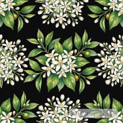Charcoal Black orange blossom botanical illustration seamless pattern with white citrus flowers and green leaves