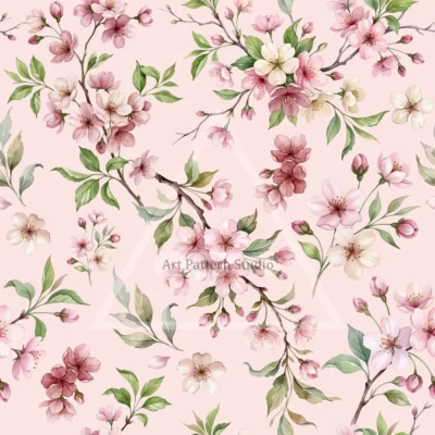 Pink and ivory cherry blossoms with green leaves and branches on a blush pink background, watercolor seamless pattern