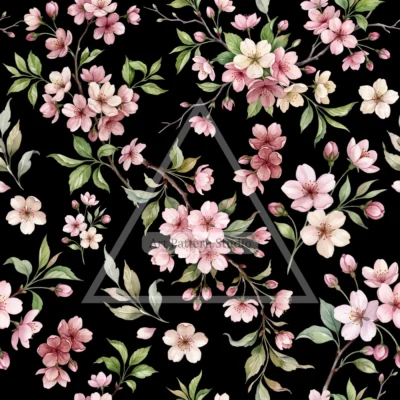 Pink and ivory cherry blossoms with green leaves and branches on a charcoal background, watercolor seamless pattern