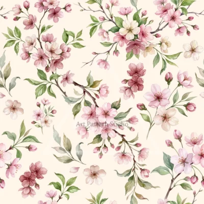 Pink and ivory cherry blossoms with green leaves and branches on a cream background, watercolor seamless pattern