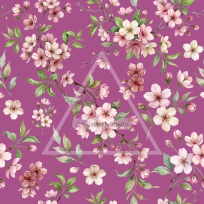 Pink and ivory cherry blossoms with green leaves and branches on a fuchsia background, watercolor seamless pattern