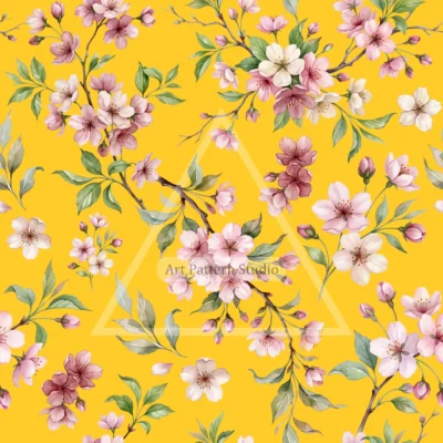Pink and ivory cherry blossoms with green leaves and branches on a golden yellow background, watercolor seamless pattern
