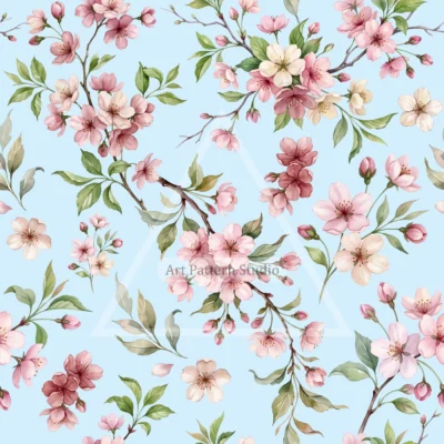Pink and ivory cherry blossoms with green leaves and branches on a light blue background, watercolor seamless pattern