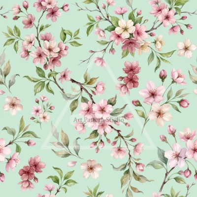 Pink and ivory cherry blossoms with green leaves and branches on a mint background, watercolor seamless pattern