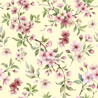 Pink and ivory cherry blossoms with green leaves and branches on a pale yellow background, watercolor seamless pattern