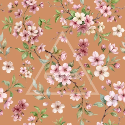 Pink and ivory cherry blossoms with green leaves and branches on a terracotta background, watercolor seamless pattern