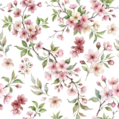 Pink and ivory cherry blossoms with green leaves and branches on a white background, watercolor seamless pattern