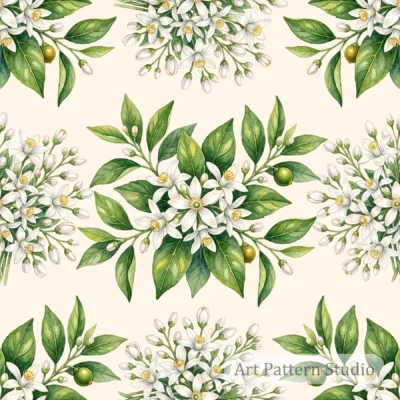 Cream orange blossom botanical illustration seamless pattern with white citrus flowers and green leaves