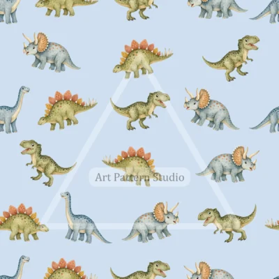 Blue cute watercolor dinosaur kids seamless pattern for nursery textiles and wallpaper