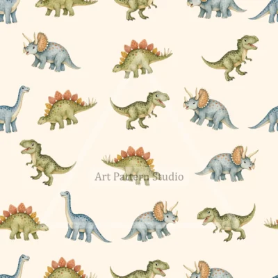 Cream cute watercolor dinosaur kids seamless pattern for nursery textiles and wallpaper