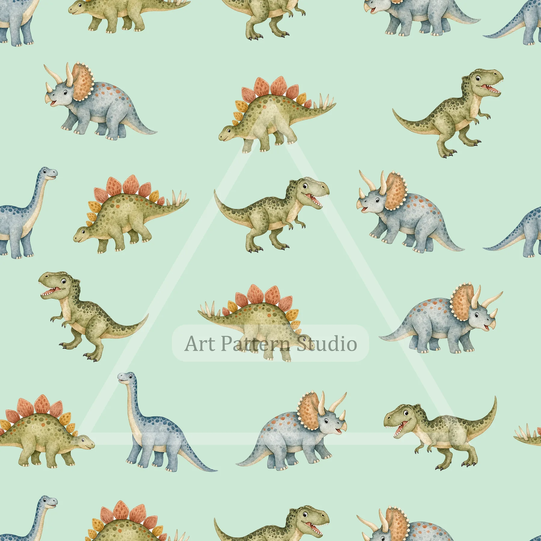 Green cute watercolor dinosaur kids seamless pattern for nursery textiles and wallpaper