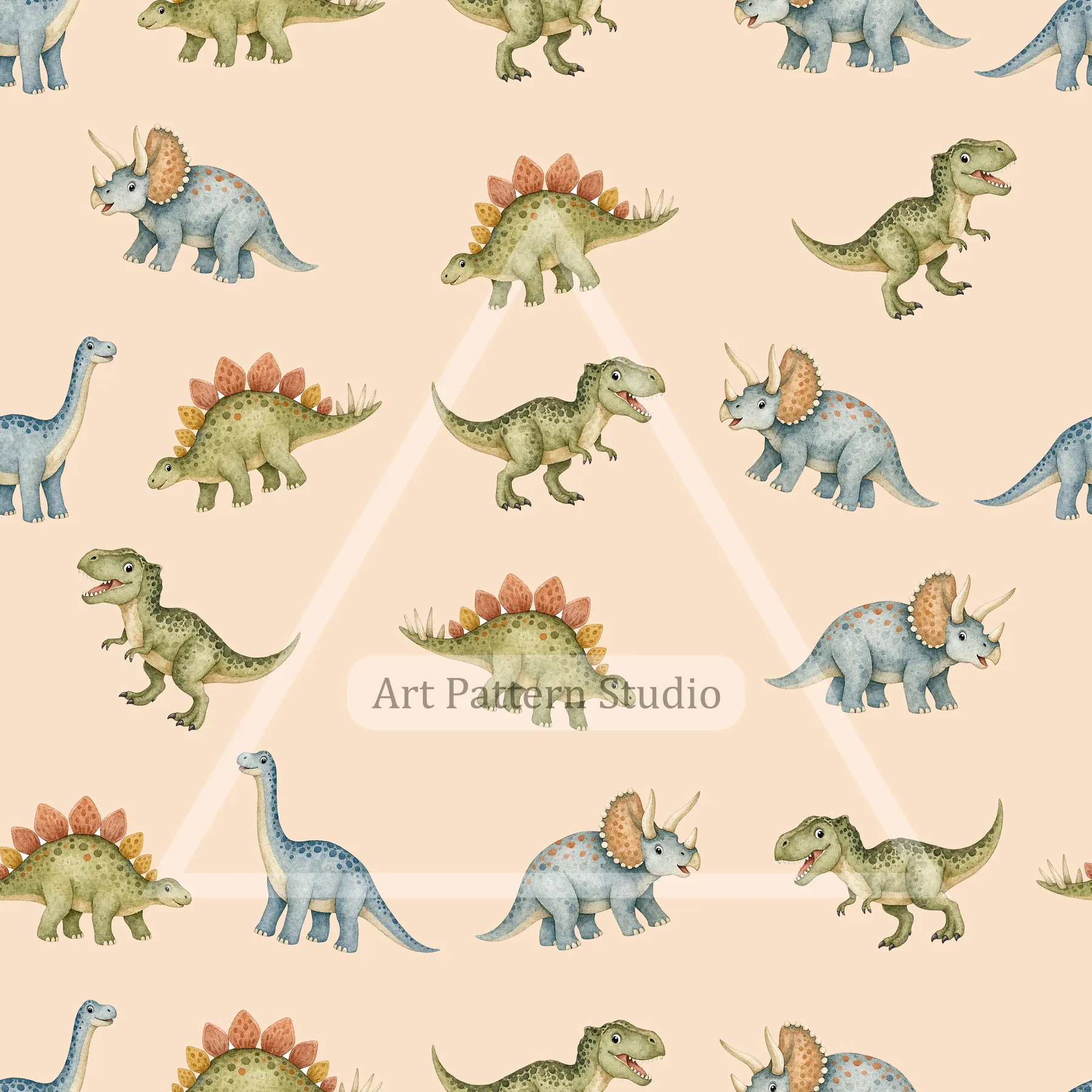 Peach cute watercolor dinosaur kids seamless pattern for nursery textiles and wallpaper