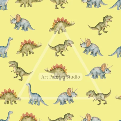 Yellow cute watercolor dinosaur kids seamless pattern for nursery textiles and wallpaper