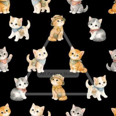 Black cute watercolor cats seamless pattern with playful kittens for kidswear and nursery decor