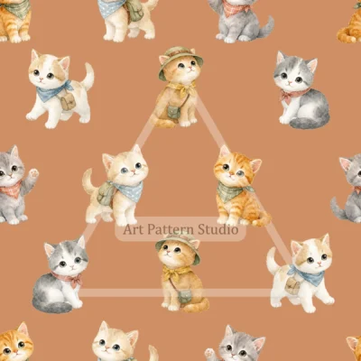 Caramel cute watercolor cats seamless pattern with playful kittens for kidswear and nursery decor