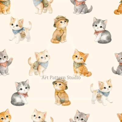 Cream cute watercolor cats seamless pattern with playful kittens for kidswear and nursery decor
