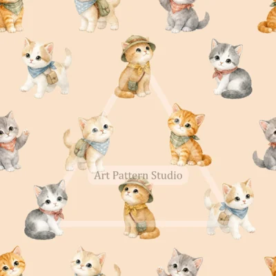 Ivory cute watercolor cats seamless pattern with playful kittens for kidswear and nursery decor