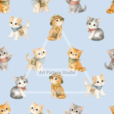 Light Blue cute watercolor cats seamless pattern with playful kittens for kidswear and nursery decor