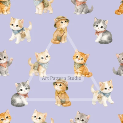Lilac cute watercolor cats seamless pattern with playful kittens for kidswear and nursery decor