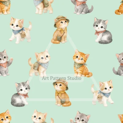 Mint cute watercolor cats seamless pattern with playful kittens for kidswear and nursery decor
