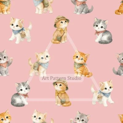 Pink cute watercolor cats seamless pattern with playful kittens for kidswear and nursery decor