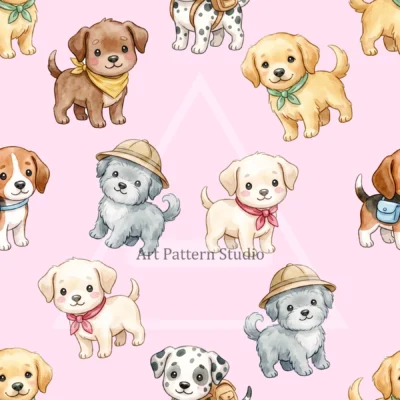 Blush Pink cute watercolor puppies seamless pattern with playful dogs for kidswear and nursery decor