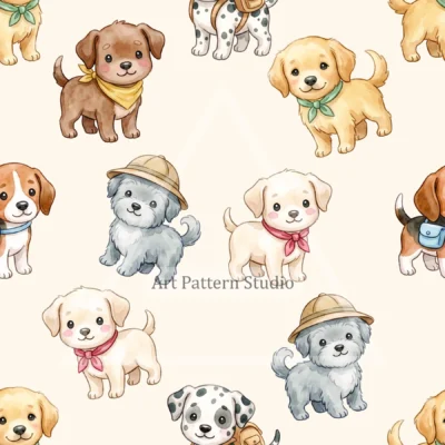 Cream cute watercolor puppies seamless pattern with playful dogs for kidswear and nursery decor