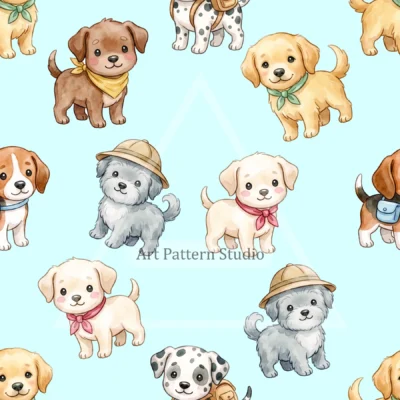 Light Blue cute watercolor puppies seamless pattern with playful dogs for kidswear and nursery decor