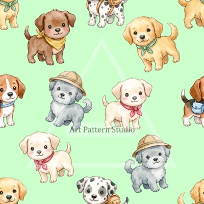 Mint Green cute watercolor puppies seamless pattern with playful dogs for kidswear and nursery decor