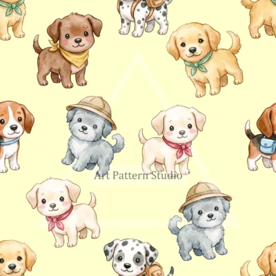 Pale Yellow cute watercolor puppies seamless pattern with playful dogs for kidswear and nursery decor