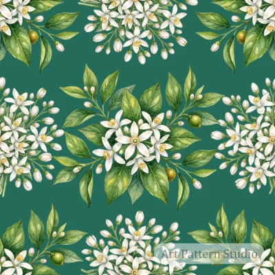 Deep Forest Green orange blossom botanical illustration seamless pattern with white citrus flowers and green leaves