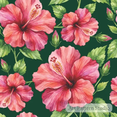 Deep Forest Green pink hibiscus watercolor illustration seamless pattern with tropical flowers and green leaves