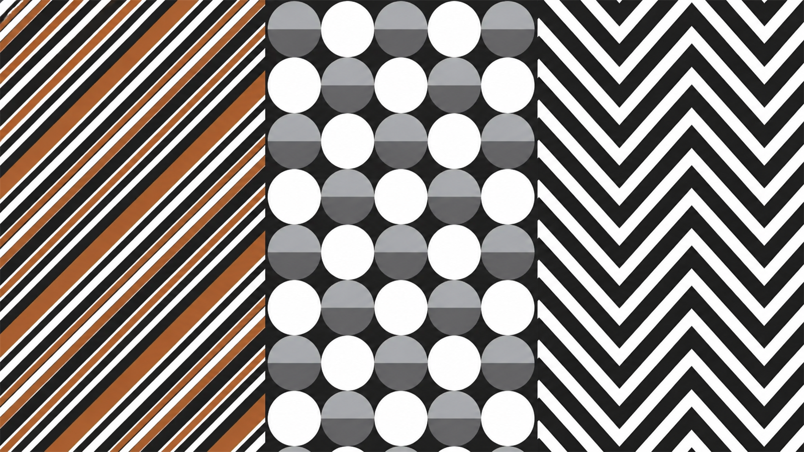 Three free seamless patterns from Art Pattern Studio: retro diagonal stripe, monochrome half-circle polka dot and black and white chevron