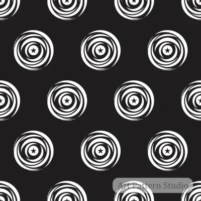 Black hand drawn star polka dot seamless pattern with circular brush motifs
