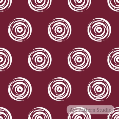 Burgundy hand drawn star polka dot seamless pattern with circular brush motifs