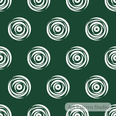 Forest Green hand drawn star polka dot seamless pattern with circular brush motifs