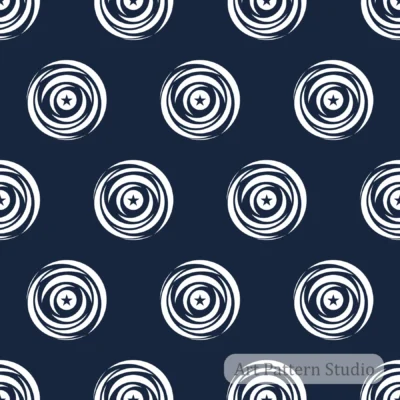 Navy Blue hand drawn star polka dot seamless pattern with circular brush motifs