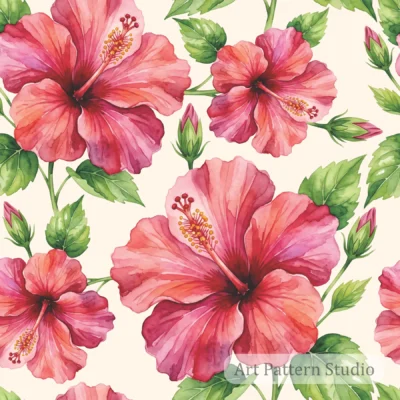 Ivory pink hibiscus watercolor illustration seamless pattern with tropical flowers and green leaves