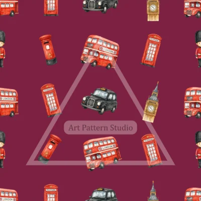 Burgundy London watercolor landmarks seamless pattern with buses, taxis, phone boxes and Big Ben