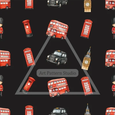 Charcoal London watercolor landmarks seamless pattern with buses, taxis, phone boxes and Big Ben