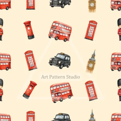 Cream London watercolor landmarks seamless pattern with buses, taxis, phone boxes and Big Ben