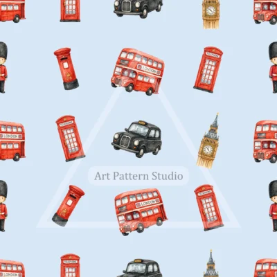 Light Blue London watercolor landmarks seamless pattern with buses, taxis, phone boxes and Big Ben