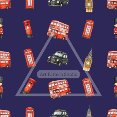 Navy London watercolor landmarks seamless pattern with buses, taxis, phone boxes and Big Ben